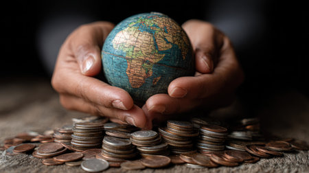Hands holding globe above pile of coins, symbolizing saving money for world travel and sustainable financial goalsの素材