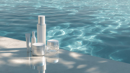 White cosmetic packaging on calm pool water, soft light reflections, elegant mock-up for skincare brand presentationの素材