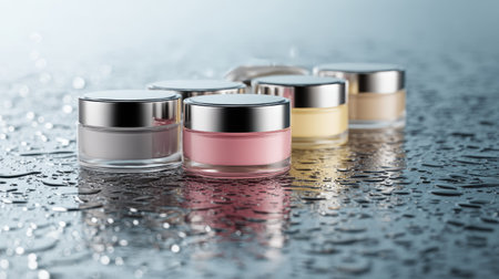 Blank cosmetic jars arranged on glossy water with bright highlights, flat lay for high-end skincare product mock-upの素材