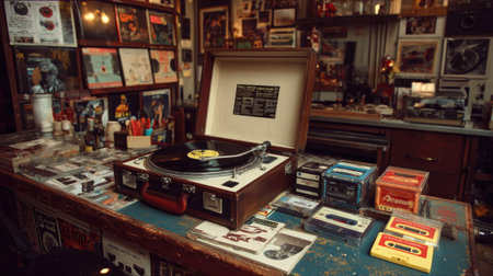 A nostalgic record store counter with a turntable spinning an old vinyl, surrounded by album covers and cassette tapesの素材