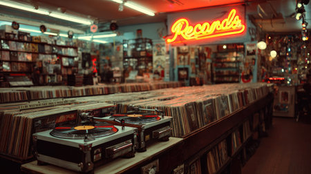 Old-fashioned record shop interior with rows of vinyl records, classic turntables, and a neon "Records" sign glowing softlyの素材