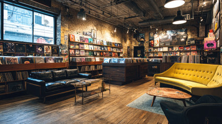 A stylish urban record store with retro furniture, brick walls, and an old-school vibe, perfect for music enthusiastsの素材
