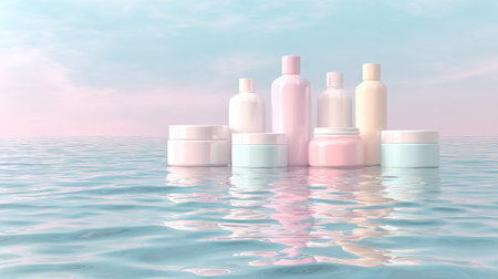 White cream jars and bottles floating on wavy water, soft pastel reflections, concept for tropical skincare designの素材