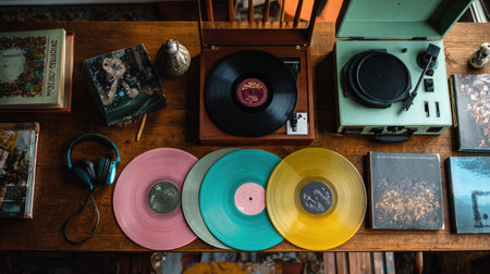 Flat lay of vinyl records, vintage headphones, and a record player on a wooden table inside a retro shopの素材