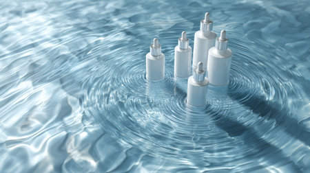 Bright and fresh composition featuring white cosmetic bottles on water surface with ripples, concept for beauty brandingの素材