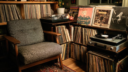 Cozy record store corner with an armchair, turntable setup, and stacks of classic rock and jazz vinyl albumsの素材