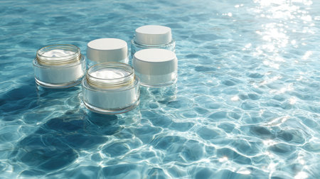 Clean white beauty product jars on water surface, blank labels, wave texture, and sunlit reflections for a luxury skincare mock-upの素材