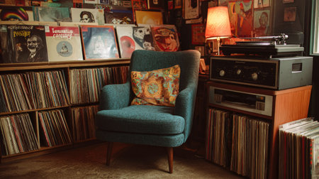 Cozy record store corner with an armchair, turntable setup, and stacks of classic rock and jazz vinyl albumsの素材