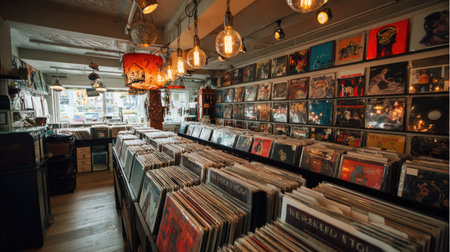 Retro record store with rows of vinyl records, posters of classic albums, and Edison bulbs hanging from the ceilingの素材