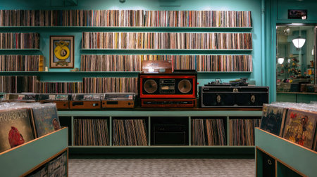 Minimalist yet vintage record store interior with vinyls organized neatly and a retro sound system in the backgroundの素材