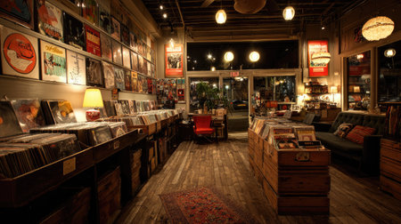Atmospheric record shop lit by warm light, filled with retro posters, vinyl bins, and nostalgic vintage decorの素材