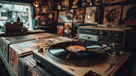 A nostalgic record store counter with a turntable spinning an old vinyl, surrounded by album covers and cassette tapesの素材