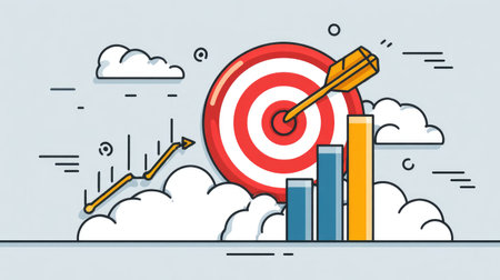Business goal achievement concept in flat line vector style showing dart hitting the target and progress bar increasingの素材