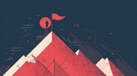 Business leadership concept in minimalist line art style showing a leader standing on top of a mountain with flag of successの素材