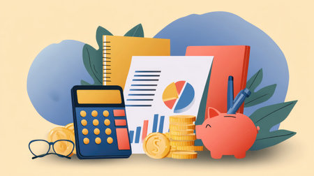 Finance management concept in vector style, showing budget planning, accounting, and savings icons on abstract backgroundの素材