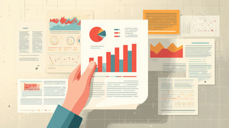 Clean vector composition showing hand holding financial report with data visualization elements in a flat design styleの素材