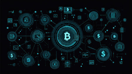Conceptual financial technology vector illustration showing blockchain network, money transfer, and digital finance iconsの素材