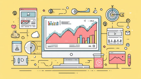 Flat line vector illustration of digital marketing strategy with computer screen, social media icons, and analytics dashboardの素材