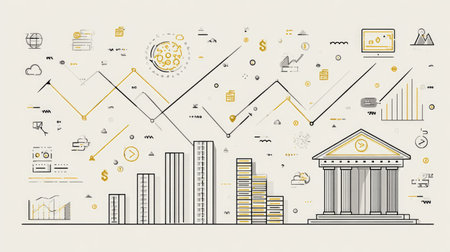 Elegant vector design of corporate finance planning, featuring line art icons, graphs, and charts in a modern minimal layoutの素材