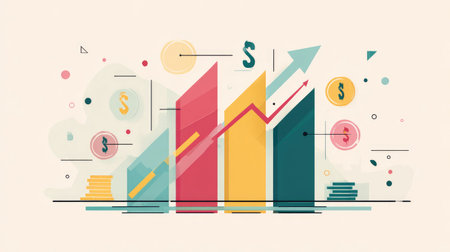 Modern vector illustration showing business growth with bar charts, arrows, and currency symbols in a minimalist flat design style, perfect for finance conceptsの素材