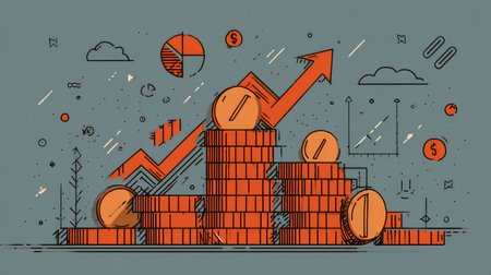 Vector illustration in flat line style depicting financial growth with stacked coins, upward arrow, and abstract business iconsの素材