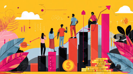 Vector artwork depicting startup investment with people analyzing growth charts, coins, and arrows in a vibrant paletteの素材