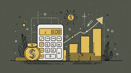 Minimal line style illustration of business finance management with calculator, money symbols, and graph elementsの素材