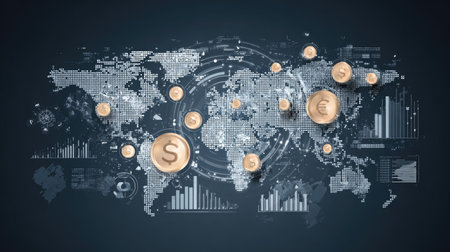 Illustration of global business finance with world map, currency icons, and digital charts in futuristic vector designの素材