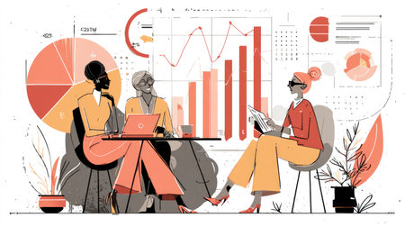 Vector illustration of entrepreneurs planning financial strategies with charts and documents in an office setting, modern flat styleの素材