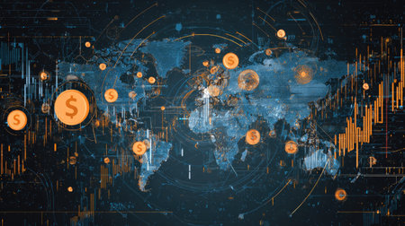 Illustration of global business finance with world map, currency icons, and digital charts in futuristic vector designの素材