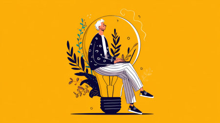 Illustration of a modern entrepreneur sitting on a bright bulb, typing on a laptop, showcasing imagination, innovation, and productivityの素材