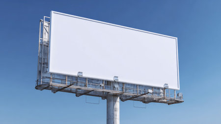 Close-up of a clean white billboard with clear blue sky, mock-up for outdoor campaign and brand displayの素材
