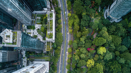Minimalist aerial shot of skyscrapers beside a lush park and a smooth highway, illustrating balance between development and natureの素材