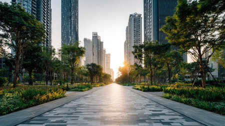 City avenue leading through a park surrounded by tall modern buildings, representing green mobility and calm urban livingの素材