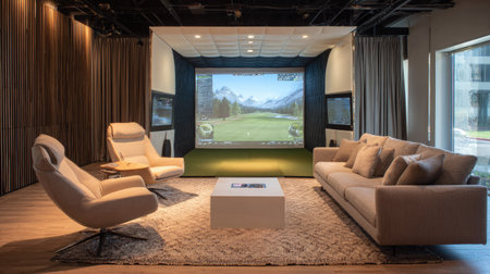 Modern luxury interior for golf practice with full simulator setup, bright screen, and comfortable lounge chairs in neutral tonesの素材