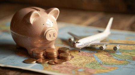 Piggy bank filled with coins beside a world map and airplane model, symbolizing saving money for travel goals and adventuresの素材