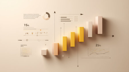 Minimalist business finance infographic template with clean typography, bar charts, and arrow icons for presentation or web useの素材