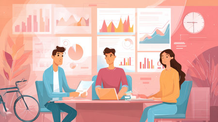 Vector illustration of entrepreneurs planning financial strategies with charts and documents in an office setting, modern flat styleの素材