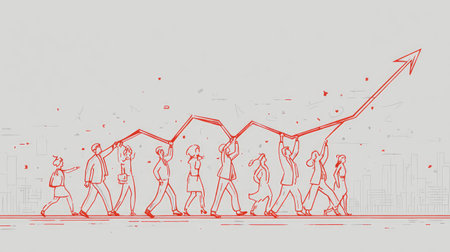 Simple line art of teamwork and business success concept with group of people lifting arrow upward to symbolize growthの素材