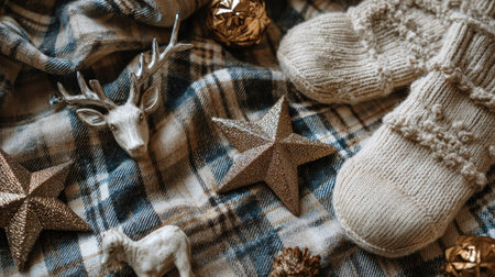 Flat lay of Christmas plaid texture decorated with glittering stars, cute deer ornaments, and soft woolen stockings for a festive aesthetic.の素材