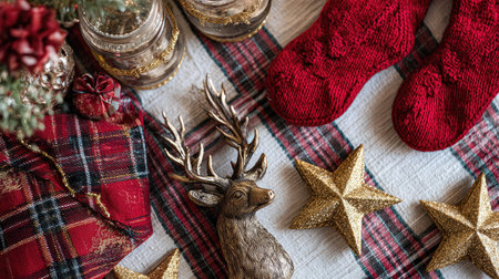 Flat lay of Christmas plaid tablecloth styled with decorative reindeer, gold glitter stars, and folded red stockings.の素材