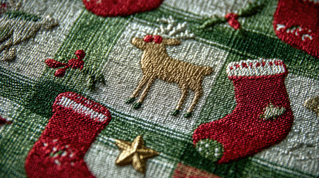 Christmas-themed fabric texture showing plaid design with metallic stars, cute deer ornaments, and bright red holiday stockings.の素材