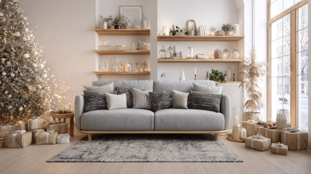 Elegant light-toned living room interior with a soft gray sofa, wooden shelves, and a sparkling Christmas tree surrounded by wrapped gifts.の素材