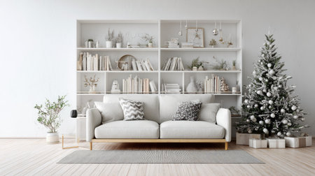 Light Scandinavian interior with simple sofa, tidy bookshelf, and Christmas tree adorned with minimal white and silver decorations.の素材