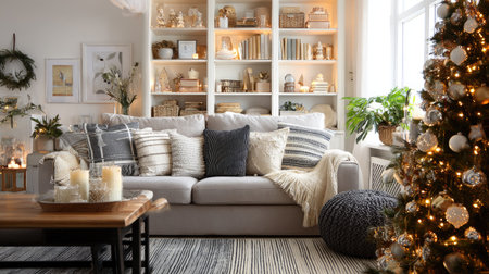 Spacious living room with neutral palette, cozy sofa, organized shelves, and a Christmas tree covered in lights and ornaments.の素材