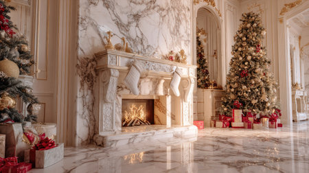 Luxurious Christmas interior with a marble fireplace, elegant stockings, wrapped gifts, and a tall tree adorned with gold and red ornaments.の素材