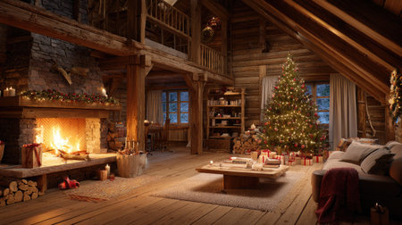 Warm interior scene of a wooden cabin during Christmas, featuring a roaring fire, festive decor, and a glittering Christmas tree surrounded by presents.の素材