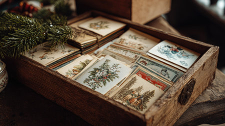 Artistic photo of vintage Christmas cards displayed in an open wooden box with envelopes, pine sprigs, and nostalgic winter illustrationsの素材