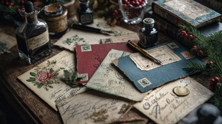 Rustic composition of vintage holiday greeting cards scattered beside ink pens, envelopes, and wax seals, creating a cozy nostalgic atmosphereの素材