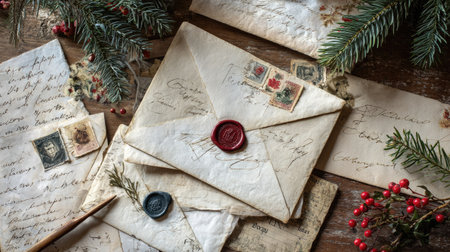 Flat lay of vintage Christmas card envelopes sealed with wax, paired with evergreen branches, red berries, and nostalgic handwritten notesの素材